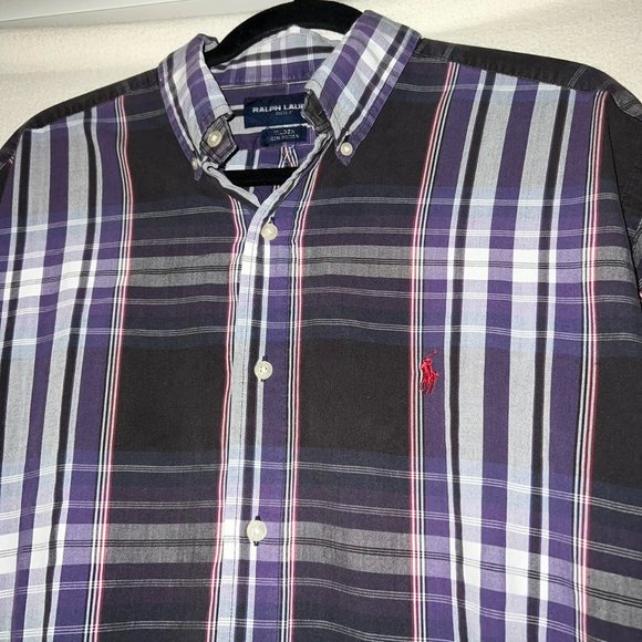 Ralph Lauren Golf Button Down Shirt Plaid Striped Purple Cotton Tall Men's Large - Picture 4 of 5
